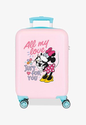 Valigia rosa con manico e ruote blu, raffigurante Minnie Mouse che tiene un gattino e la scritta "Tutto il mio amore solo per te."