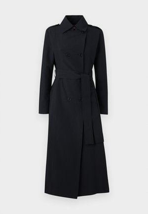 Double-breasted black trench coat made of smooth fabric, featuring a belted waist, long sleeves, and a classic collar design.