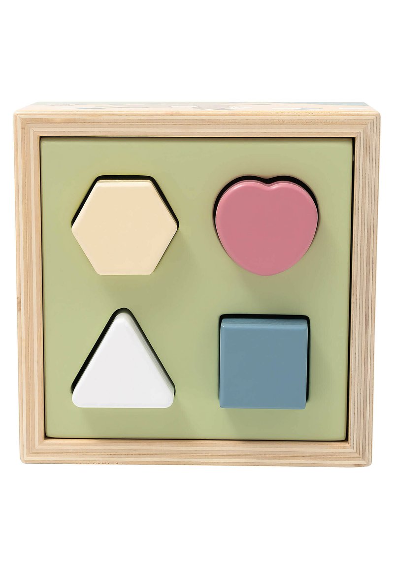 Wooden shape sorter features four colorful shapes: a beige hexagon, pink heart, white triangle, and blue square, each with distinct textures.