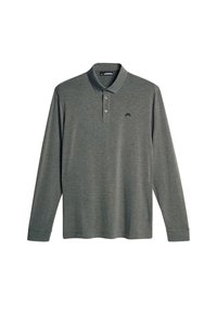 Koszulka polo z długim rękawem w ciemnoszarym kolorze, z kołnierzykiem, plisą na trzy guziki oraz małym logo na lewej piersi. Miękka, teksturowana tkanina.