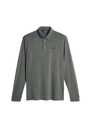 Polo met lange mouwen in donkergrijs, met een kraag, een knoopsluiting met drie knopen en een klein logo op de linkerborst. Zachte, gestructureerde stof.