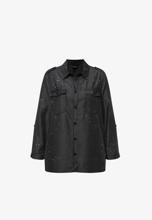 Schwarzes Denim-Hemd mit langen Ärmeln, Knopfleiste, zwei Brusttaschen und einem gesprenkelten Muster. Verfügt über einen klassischen Kragen und Manschettendetails.