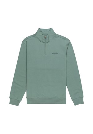 Mint green, sweatshirt with a half-zip collar, soft texture, ribbed cuffs and hem, features subtle branding on the front.