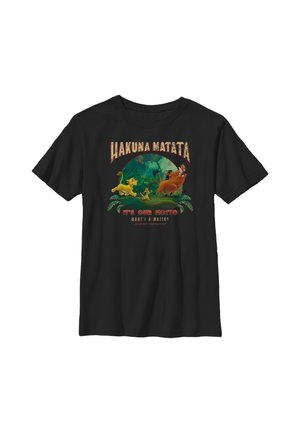 Zwart T-shirt met de personages Simba, Timon en Pumbaa uit The Lion King die lopen en tekst "Hakuna Matata It's Our Motto What's A Motto?"