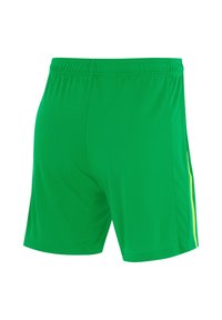Shorts de sport verts avec une texture respirante, une taille élastique et des rayures latérales jaunes contrastantes. Coupe courte et design léger.