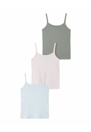 Tre ensfarvede dametoppe med spaghetti stropper i grøn, lyserød og lyseblå, stablet vertikalt på hvid baggrund.