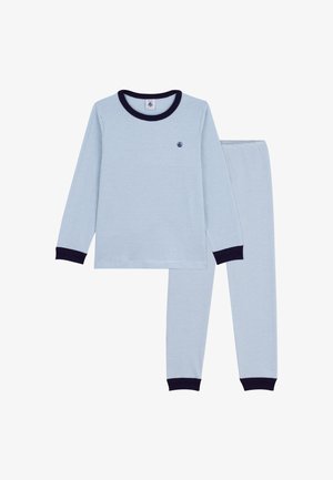 Light blue striped pajama set with long sleeves, featuring navy cuffs and a small logo detail on the chest; soft cotton material.