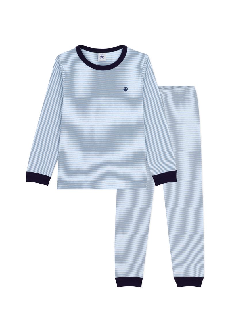 Light blue striped pajama set with long sleeves, featuring navy cuffs and a small logo detail on the chest; soft cotton material.