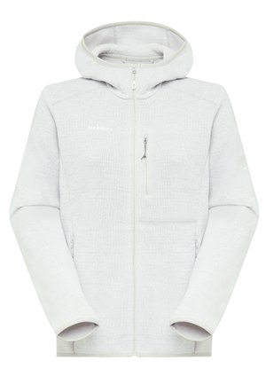 Lichtgrijze fleece hoodie met een voorrits, textuurstof, zijzakken en een stijlvolle uitstraling. Bevat een logo op de borst.