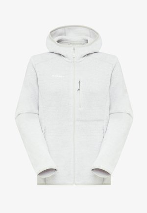 Jasnoszara polarowa kurtka z kapturem, z zamkiem błyskawicznym z przodu, o fakturowanej tkaninie, z bocznymi kieszeniami i stylowym wzornictwem. Posiada logo na klatce piersiowej.