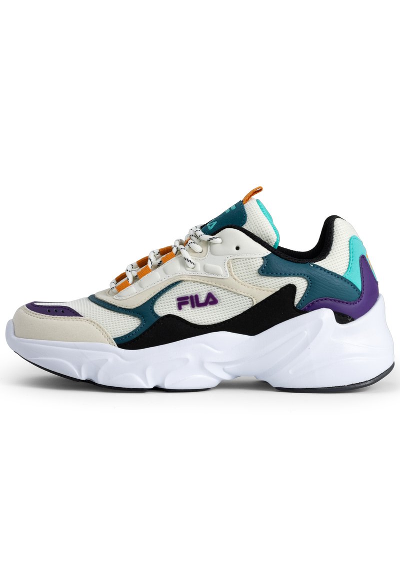Buntfarbiger Sneaker aus Mesh- und synthetischen Materialien. Überwiegend weiß mit Akzenten in Teal, Schwarz, Lila und Orange. Runde Zehenpartie, klobige Sohle.