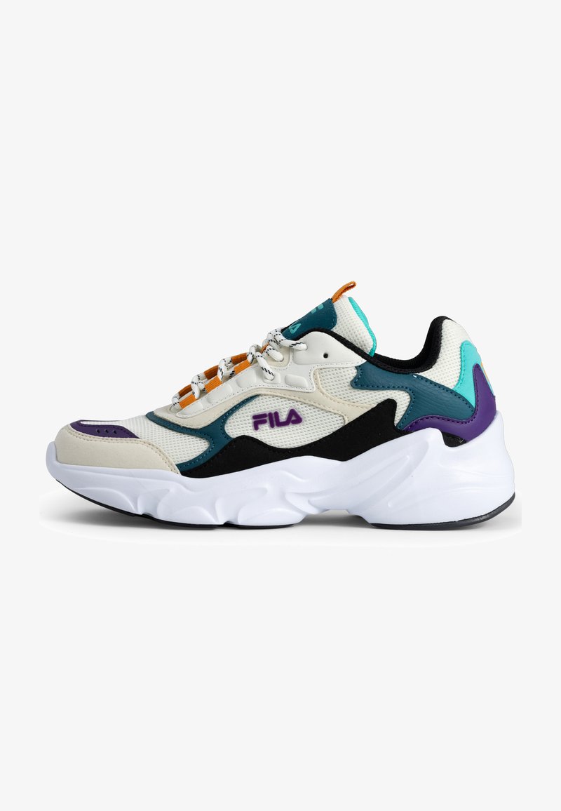Sneaker multicolore en mesh et matériaux synthétiques. Principalement blanche avec des accents teal, noir, violet et orange. Bout rond, semelle épaisse.