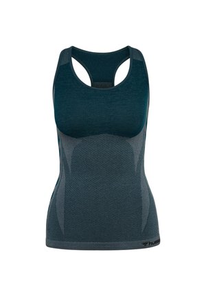 Donker tealgroene sporttanktop met een racerback ontwerp, textuurstof, contrasterende panelen en minimale logo-accenten aan de zoom.