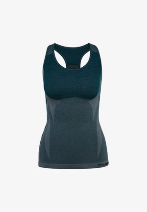 Débardeur de sport bleu canard foncé avec un design dos nageur, tissu texturé, panneaux contrastants et logo minimaliste au niveau de l'ourlet.