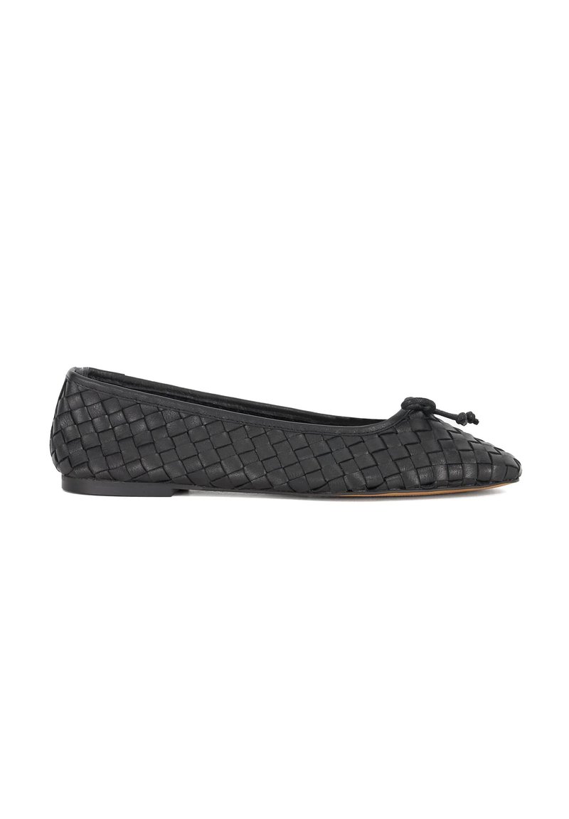 Black woven ballet flat with a pointed toe, featuring a knotted accent at the vamp and a flexible sole. Smooth leather texture.