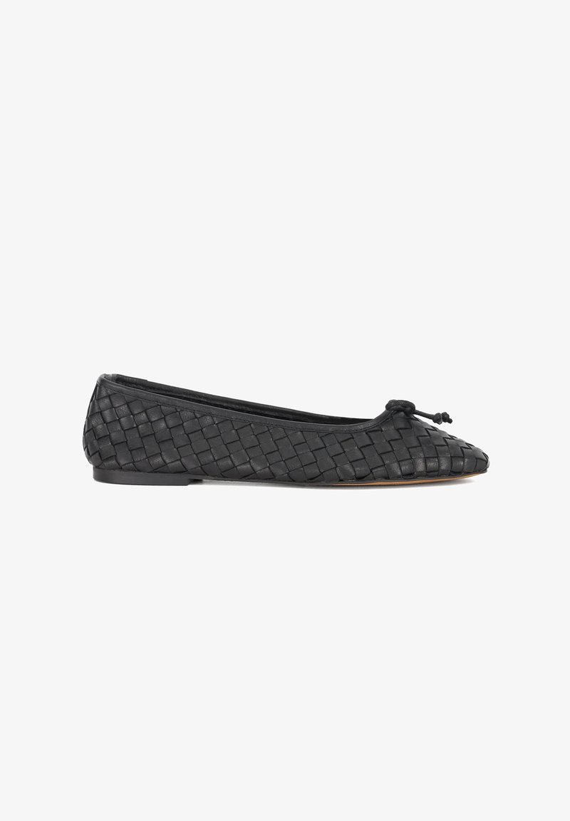 Black woven ballet flat with a pointed toe, featuring a knotted accent at the vamp and a flexible sole. Smooth leather texture.