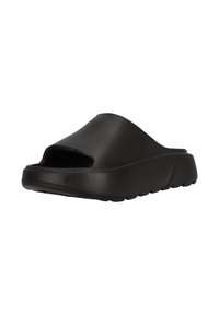 Schwarze Slip-On-Sandale mit dicker Sohle und offenem Zehenbereich, aus glattem Gummimaterial.