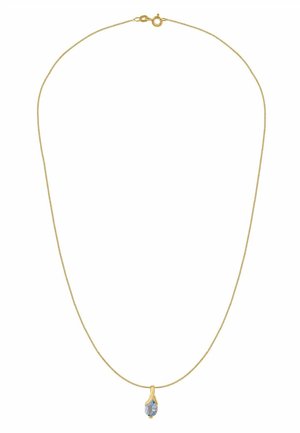 Gold-tone chain necklace with a fine, textured design. Features a teardrop pendant set with a light blue gemstone.