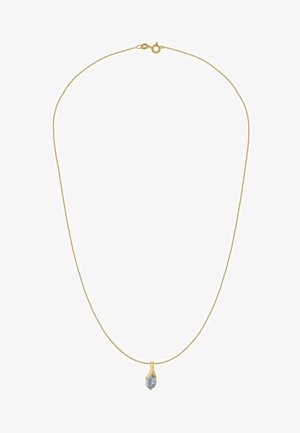 Goudkleurige ketting met een fijn, gestructureerd ontwerp. Voorzien van een druppelvormig hangertje met een lichtblauwe edelsteen.