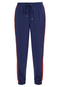 Pantalones de chándal azul marino con rayas rojas a los lados, cinturilla elástica con cordón, abertura de piernas ajustada, textura de tela suave y detalles de hardware dorado.