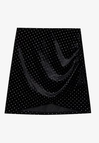 Gonna di velluto nero con pois argentati, caratterizzata da un design drappeggiato. Tessuto liscio con vita alta e orlo dritto.