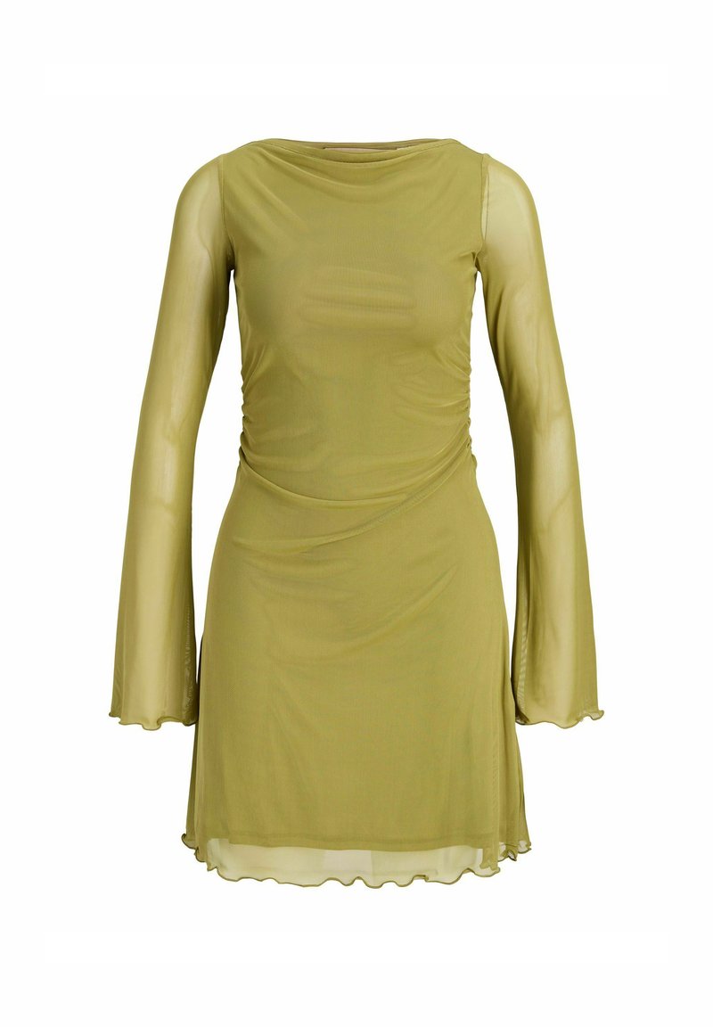Olivegreenowa, przezroczysta sukienka o długich rękawach z rozkloszowanymi mankietami, marszczonym bokiem w talii i falującym dołem, sięgająca do kolan, z okrągłym dekoltem.