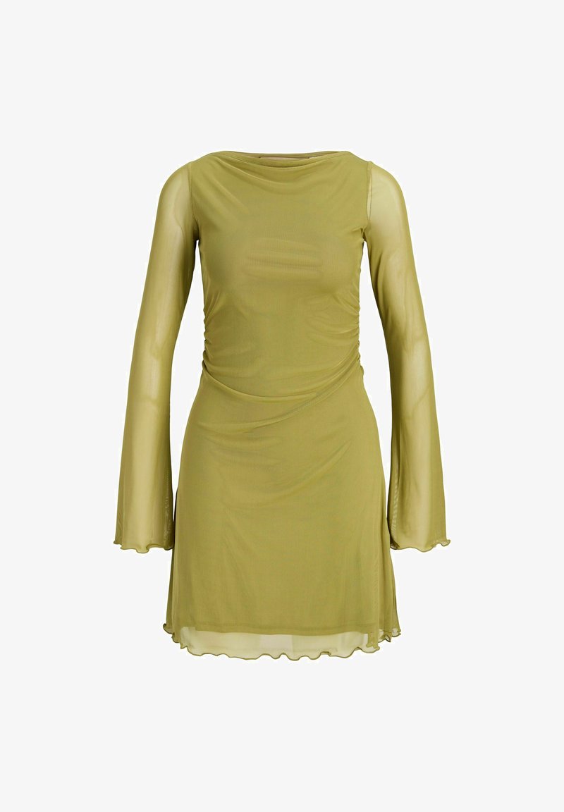Olivegreenowa, przezroczysta sukienka o długich rękawach z rozkloszowanymi mankietami, marszczonym bokiem w talii i falującym dołem, sięgająca do kolan, z okrągłym dekoltem.