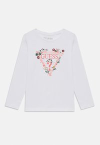 Weißes Langarmshirt mit einem pinken dreieckigen Grafikdesign und floralen Akzenten sowie dem "GUESS"-Logo in der Mitte. Aus weichem Baumwollmaterial.