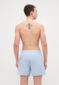 Stripete blå boxere med elastisk midjebånd. Stoffet ser lett ut med vertikale hvite og rosa striper. En tatovering er synlig på ryggen.