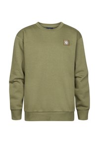 Olijfgroen sweatshirt, ronde hals, ribgebreide manchetten en zoom, met een textuurafwerking en een vierkante logopatch op de voorkant.