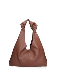 Borsa hobo in pelle marrone con manico annodato, silhouette morbida, superficie testurizzata e un'unica apertura nella parte superiore.