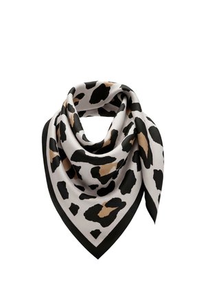Kvadratisk silketørklæde med sort, tan og hvid leopardprint og en ensfarvet sort kant, foldet for at fremhæve mønster og tekstur.