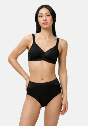 Black lingerie set featuring a lace-trimmed bralette with a V-neck and matching high-waisted briefs. Smooth fabric with a soft texture.