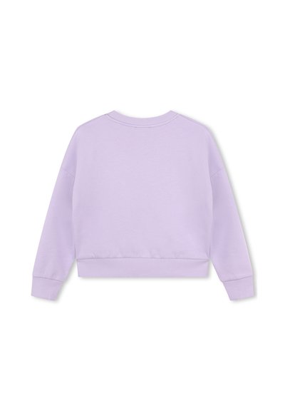 Sweatshirt lilas court avec un col rond, des poignets et un ourlet côtelés, une texture lisse et des coutures d'épaule abaissées. Pas de motifs ni de graphiques visibles.