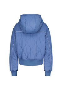 Blue quilted jacket with a hood, featuring a ribbed waistband and cuffs. Notable wavy stitching pattern and contrasting white piping detail.