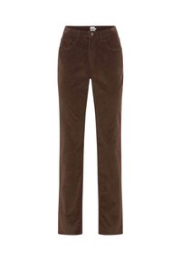 Pantaloni dritti in corduroy marrone con tasche frontali, passanti per cintura e chiusura con bottone.