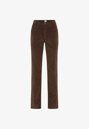 Bruine ribfluwelen rechte broek met voorzakken, riemlussen en knoopsluiting.