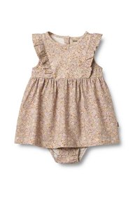 Blommig barnklänning i mjukt tyg, ljusbeige med lila och rosa blommor, volangärmar och ett rynkat kjol med tryckknappar.