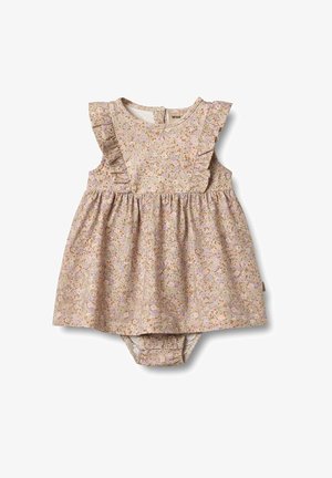Blumenmuster-Kinderkleid aus weichem Stoff, hellbeige mit lila und rosa Blumen, mit Rüschenschulterträgern und gerafftem Rock mit Druckknopfverschluss.