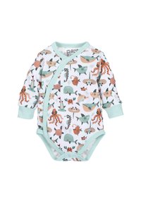 Short-sleeve baby onesie in white, featuring a colorful underwater animal pattern, with mint green trim and snap closures.