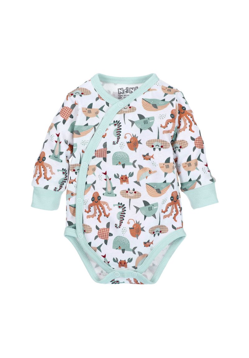 Short-sleeve baby onesie in white, featuring a colorful underwater animal pattern, with mint green trim and snap closures.