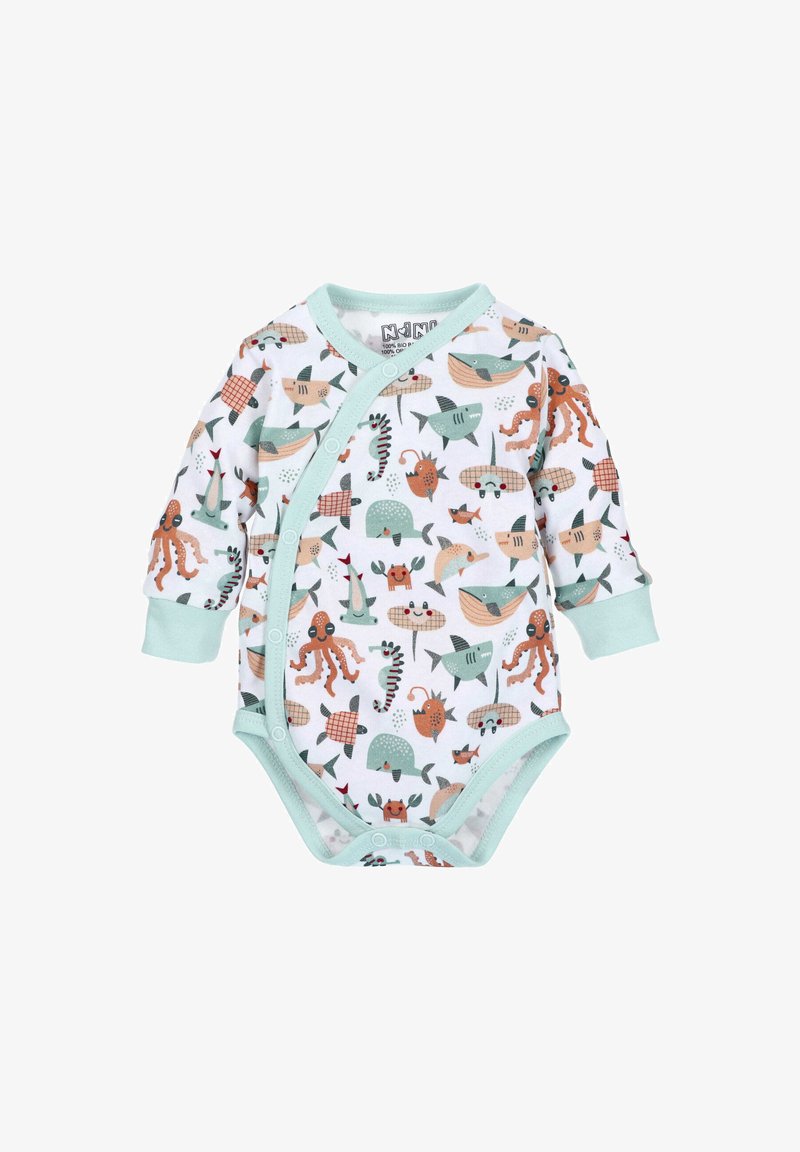 Short-sleeve baby onesie in white, featuring a colorful underwater animal pattern, with mint green trim and snap closures.
