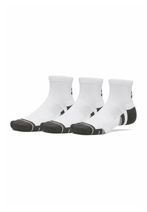 Three pairs of white ankle socks with black heels and toes, arranged side by side on a plain white background.