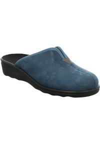 Blaues Slip-On-Schuh mit floralem Muster, strukturiertem Obermaterial und schwarzer Gummisohle. Verfügt über einen gepolsterten Kragen und einen dreieckigen braunen Akzent.