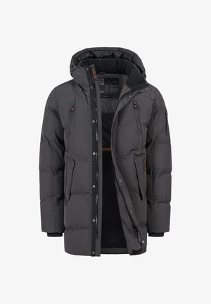 Zwarte gevoerde jas met een capuchon, ritssluiting, meerdere zakken en oranje accenten. Gemaakt van polyester met een gladde textuur.