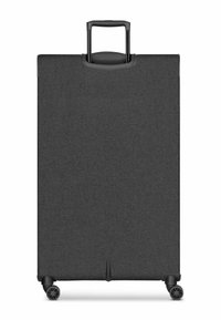 Maleta de tela negra con un diseño minimalista, que cuenta con un asa retráctil y cuatro ruedas giratorias para una fácil movilidad.