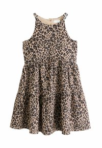 Leoparda raksta kleita ar brūna auduma un pakāpeniski izvērstu svārku, šaurām lencītēm un vaļēju siluetu. Audums ir teksturēts ar melnu plankumainu rakstu.