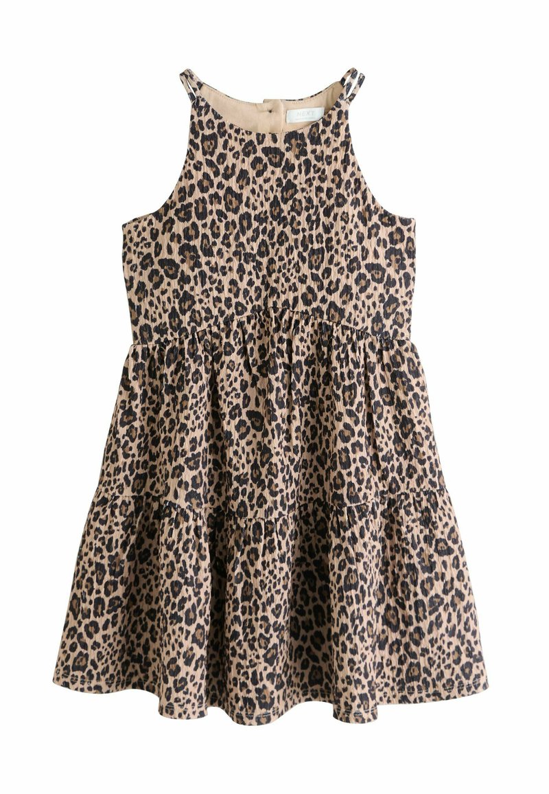 Leoparda raksta kleita ar brūna auduma un pakāpeniski izvērstu svārku, šaurām lencītēm un vaļēju siluetu. Audums ir teksturēts ar melnu plankumainu rakstu.