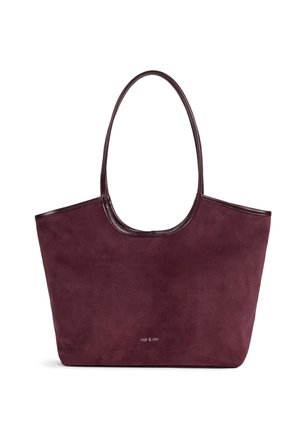 Veľká tmavobordová semišová kabelka typu tote s tenkými rukoväťami a malým logom "nat & nin" v strede prednej časti.