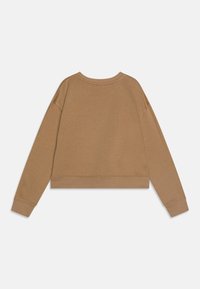 Sudadera corta marrón con mangas largas, cuello redondo, puños y dobladillo acanalados. Textura de tela suave sin patrones o diseños prominentes.